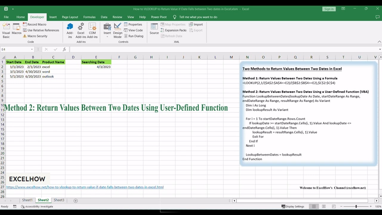 How to VLOOKUP to Return Value if Date Falls between Two dates in Excel