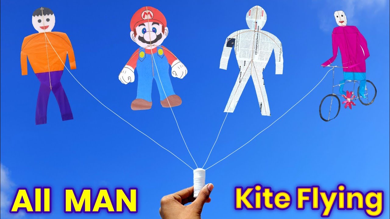 4 Amazing MAN Kite , how to make newspaper kite , Patang kese banate he , mario kite making