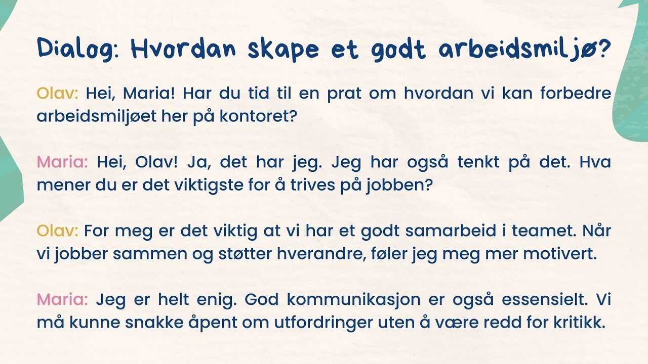 Forberedelse til Norskprøve: Arbeid - Hvordan skape et godt arbeidsmiljø? 🤝 – B1-B2 Lytteøvelse