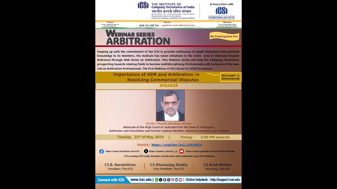 Live Webinar on Importance of ADR and Arbitration in Resolving Commercial Disputes