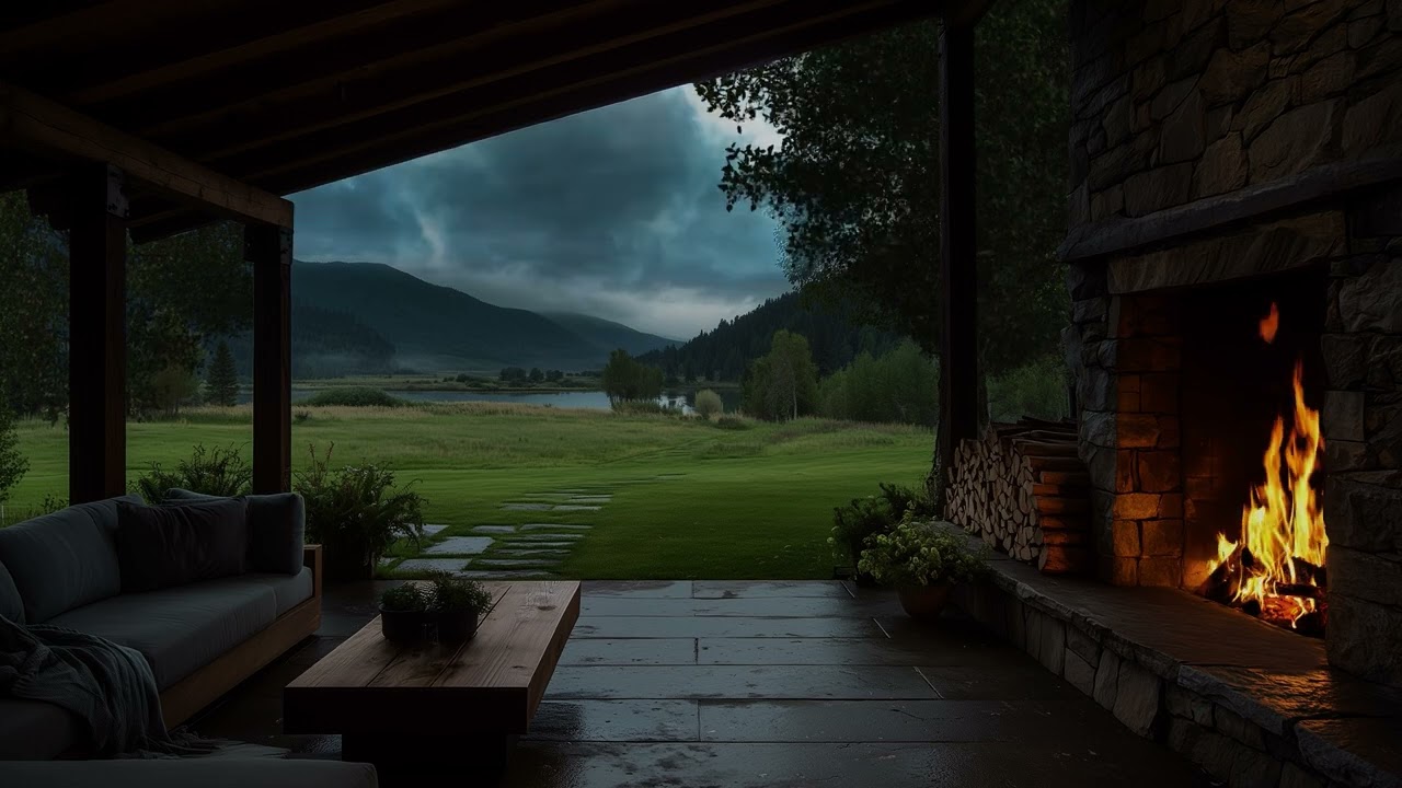 A Cozy Porch Evening 🔥 Fireplace Sounds with Gentle Thunder For Sleep, Rest, Relax