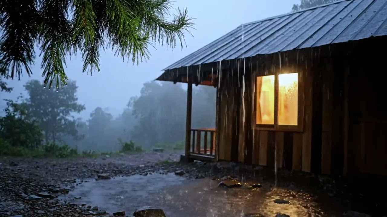 4K Video Heavy Rain in Quiet Alley with Warm Window Light at Night