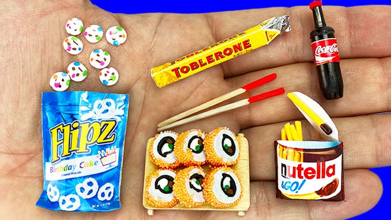 AMAZING DIY MINI FOOD : PRETZELS, NUTELLA GO, CHOCOLATE, SUSHI, COCA COLA AND MORE BARBIE CRAFTS !!!
