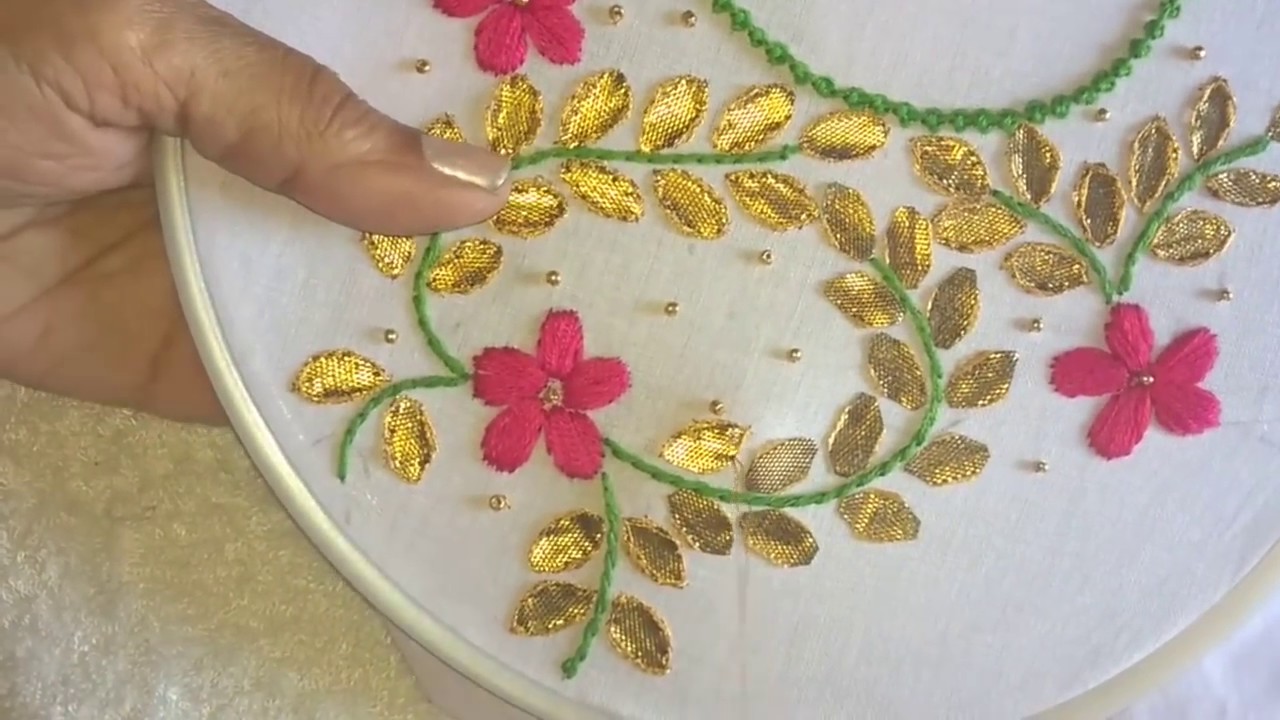 Hand embroidery. Gottapatti work neck design for dresses and blouses.