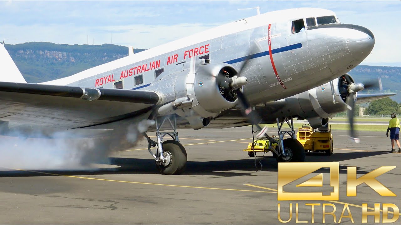 Douglas DC-3 / C-47 Dakota engine start, taxiing, takeoff and landing. [4K UltraHD]