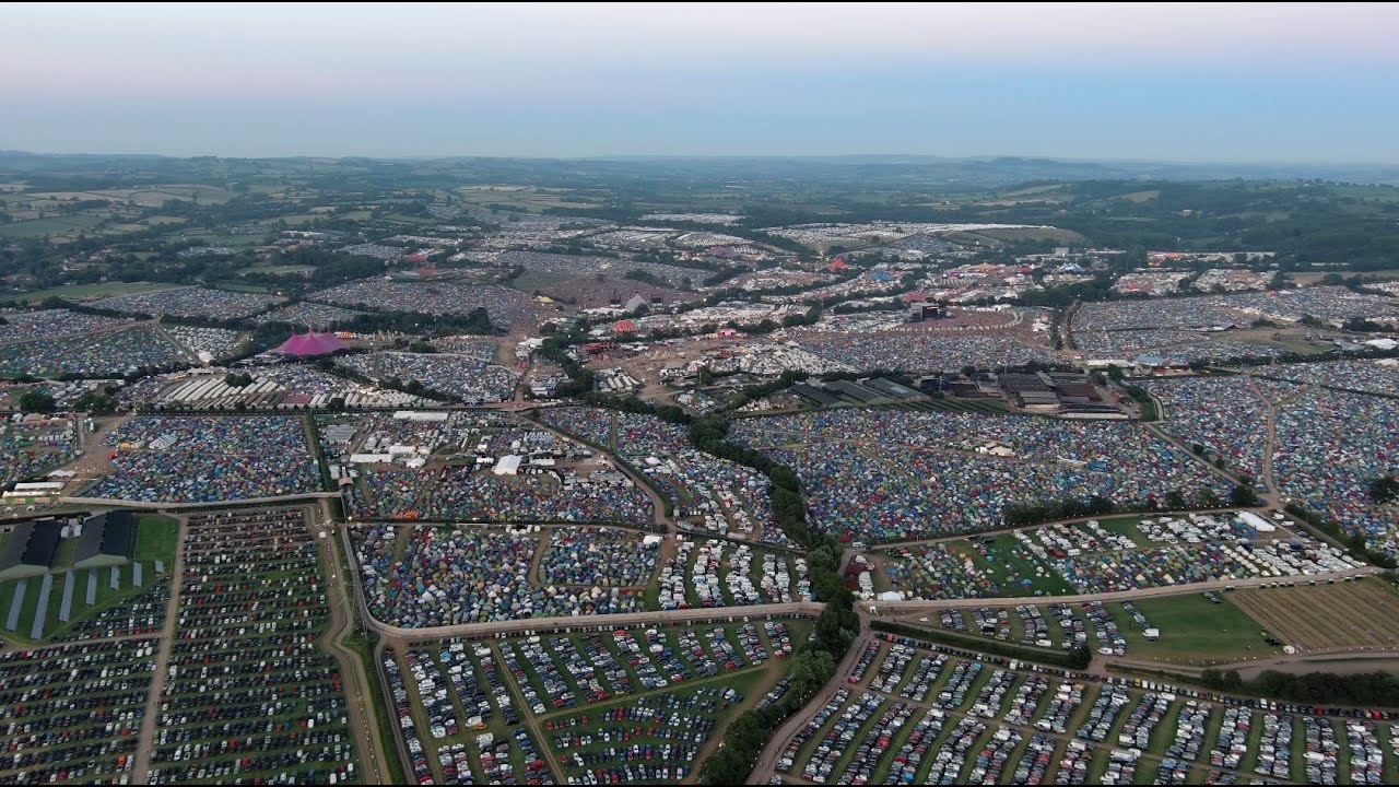 Epic Drone Flight to Glastonbury Festival from Glastonbury Tor