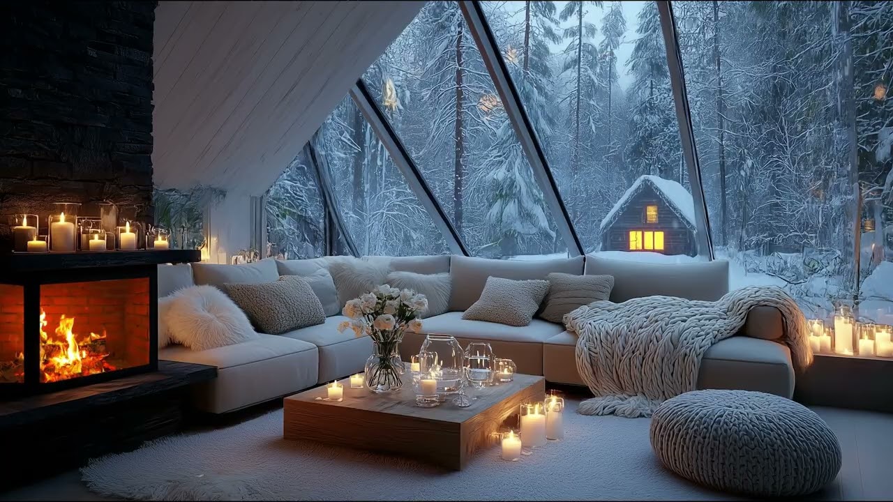 ❄️🎹 3 Hours Snow Piano Lounge | White Winter Room, Fireplace & Candlelight | Calm Study Relax