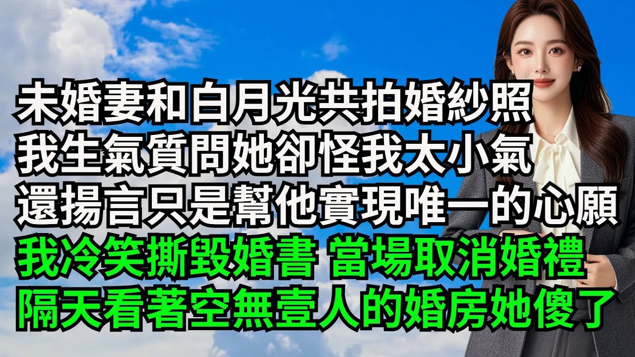 【三味時光】未婚妻和白月光共拍婚紗照，我生氣質問她卻怪我太小氣，還揚言只是幫他實現唯壹的心願，我冷笑撕毀婚書 當場取消婚禮，隔天看著空無壹人的婚房她傻了#激情故事#大彬情感#夢雅故事#小說#爽文
