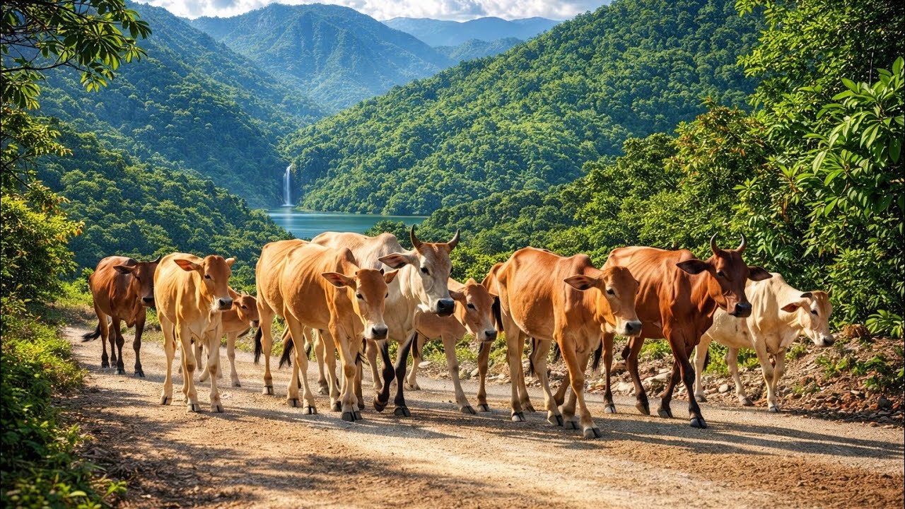 Puluhan ribu sapi lembu jinak berjalan menuju Padang rumput hijau, suara sapi lembu jinak.