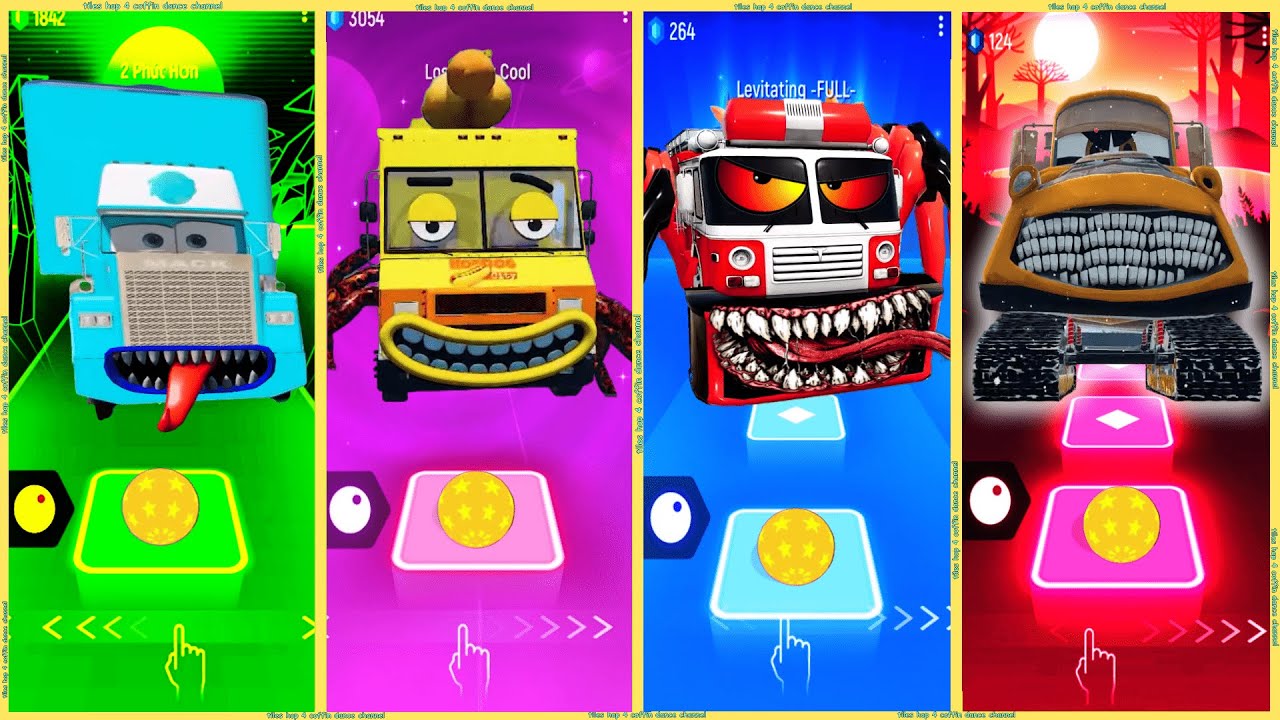 coffin dance - Fire Truck vs Tow Mater Excavator vs King Dinoco Truck vs Truck Hot Dog | Tiles HOP❗❗