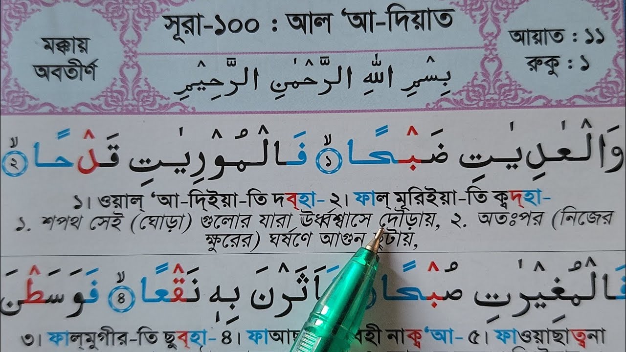 সূরা আত-আদিয়াত অর্থ সহ শুদ্ধ করে শিখুন | Sura Al-Adiyat