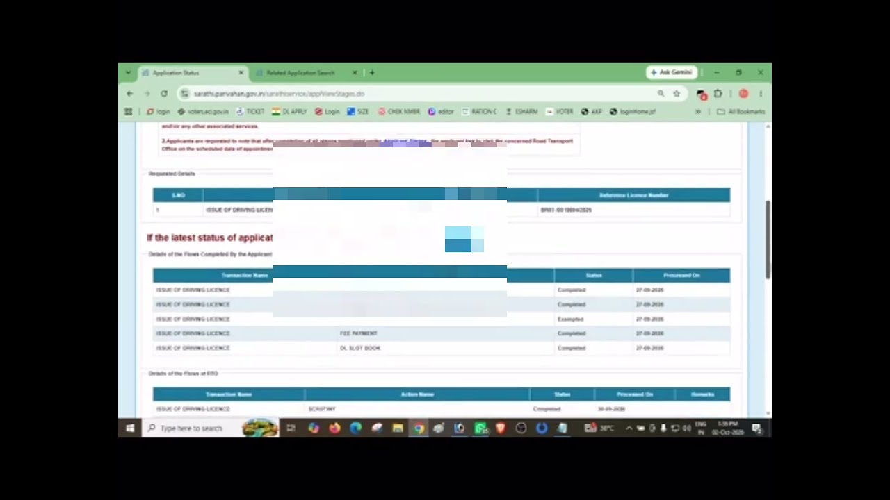 LL DL application status chek without OTP 