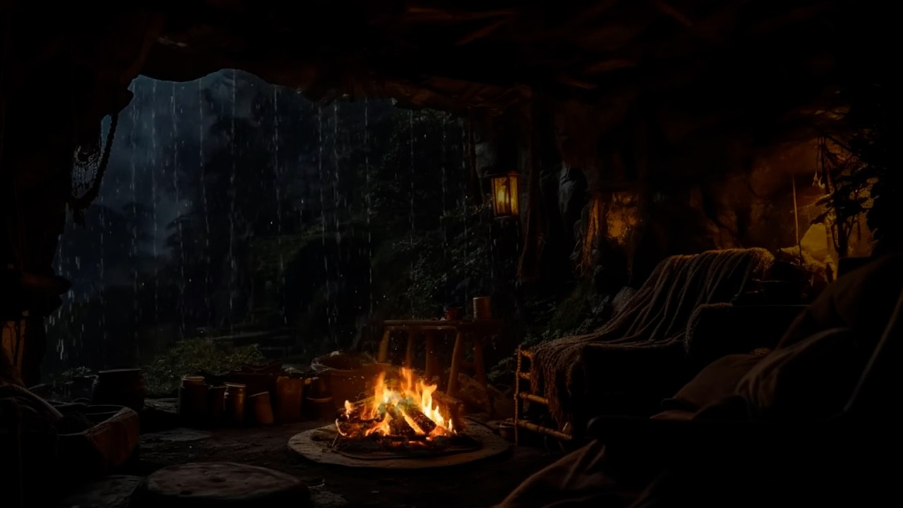 Healing Rainy Night 🌧️ Cozy Cave Fireplace 🔥 Calm Your Mind & Drift Into Deep, Restful Sleep 😴