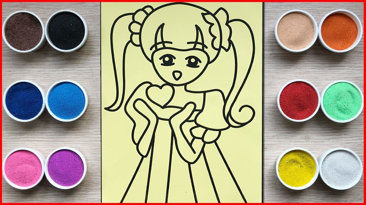 Đồ chơi tô màu tranh cát công chúa tóc màu cam - Colors sand painting princess art (Chim Xinh)