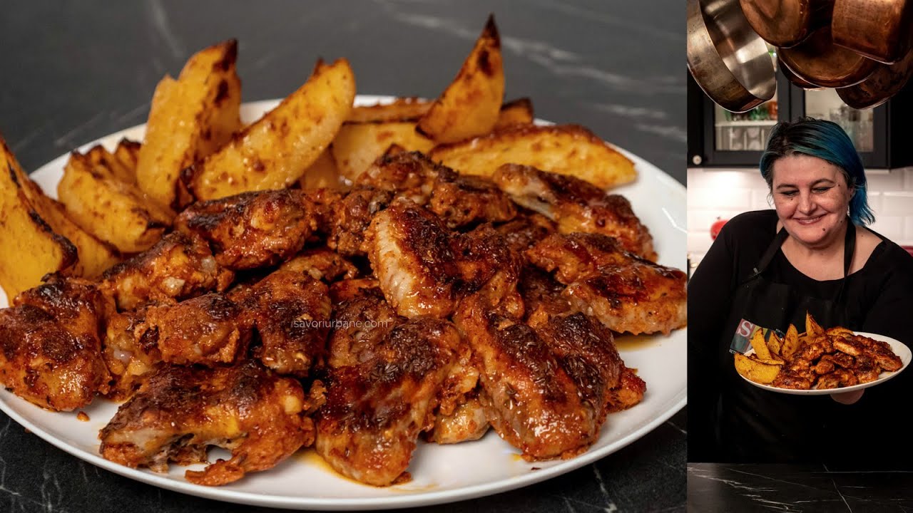 Aripioare cu iaurt, usturoi și cartofi, la cuptor - aripi sau pulpe de pui marinate cu chefir, sana