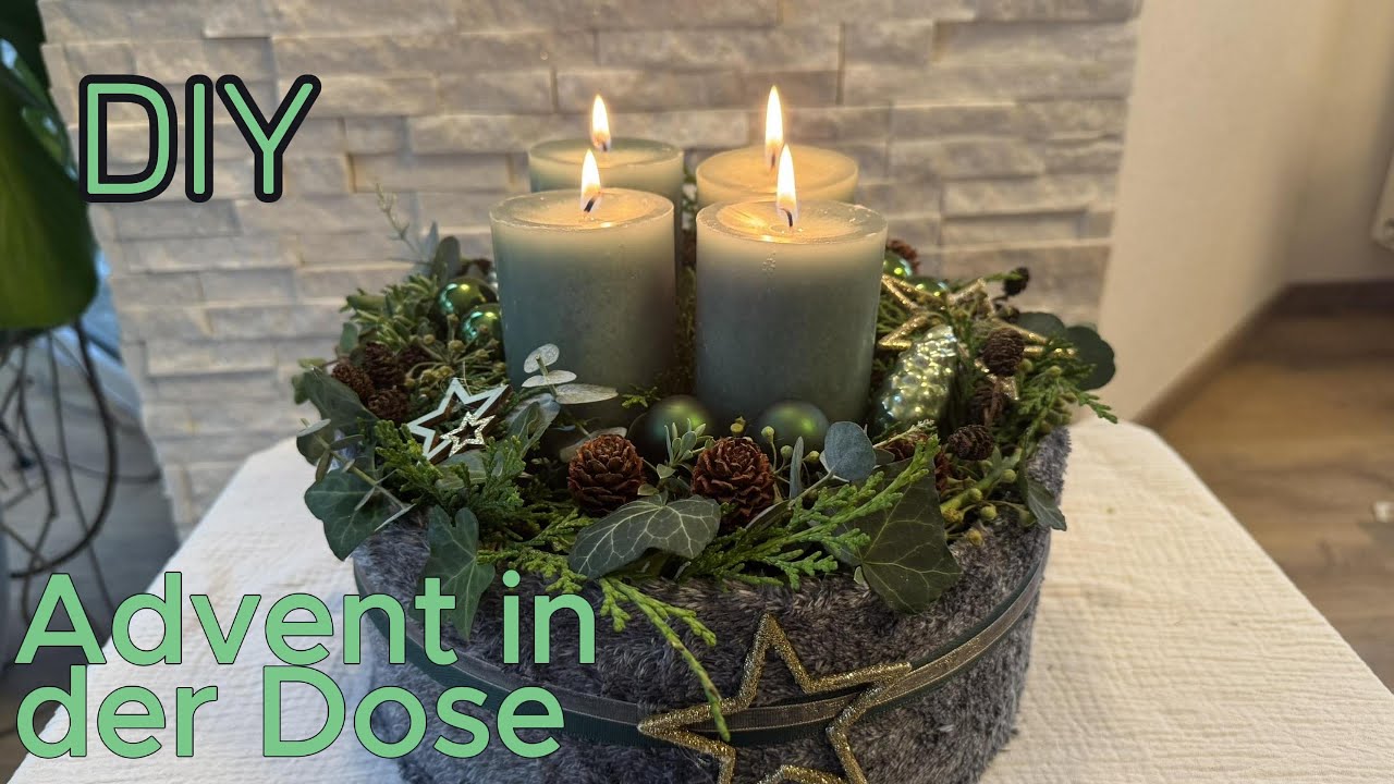 DIY Wundersch&ouml;ner Adventskranz in einer Keksdose mit Fell. 