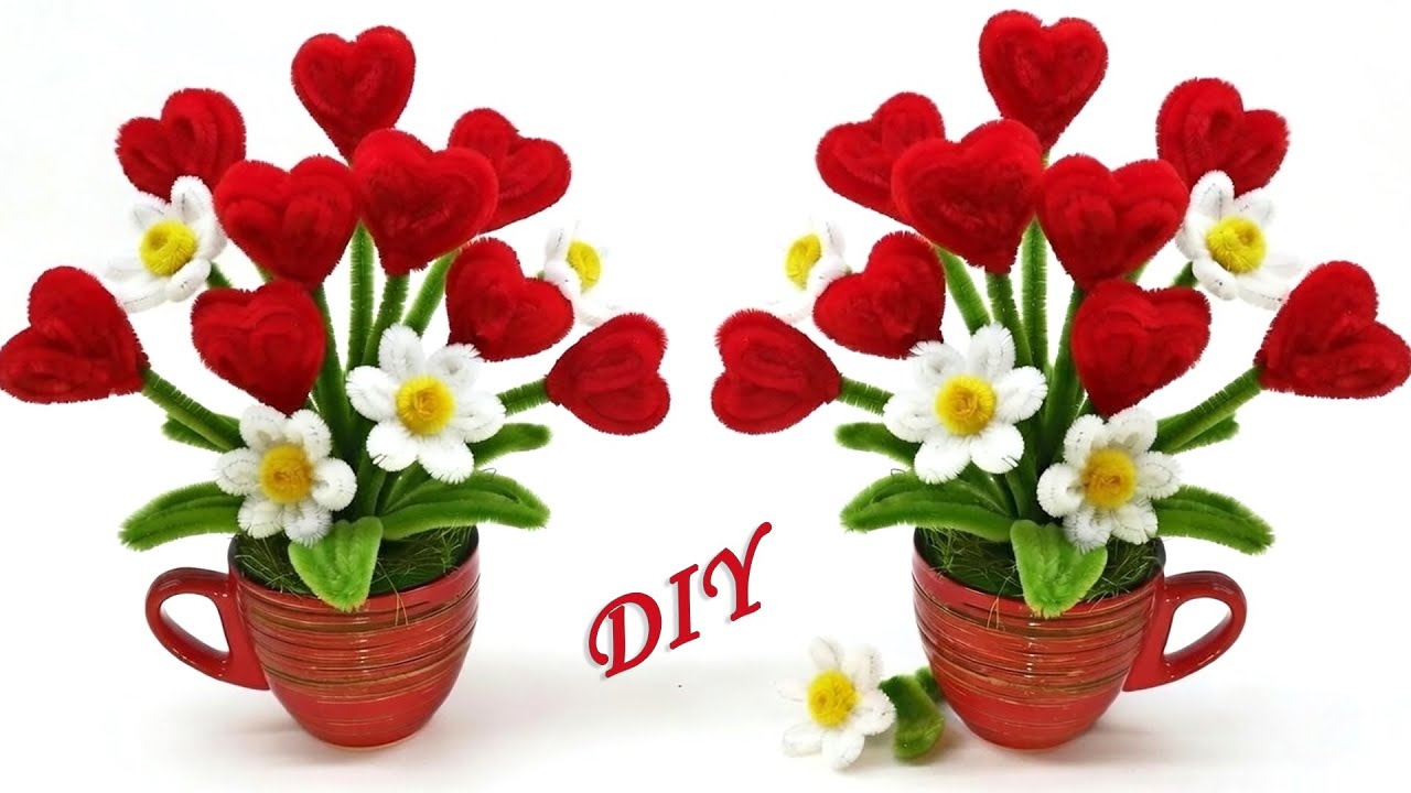 💕 Подарок на День Св. Валентина своими руками 💕 Сердечки и цветы из синельной проволоки