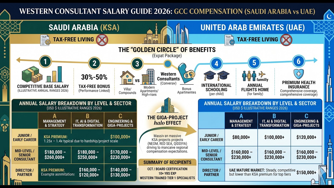Western Consultant Salary Guide 2026: GCC Compensation (Saudi Arabia vs UAE)