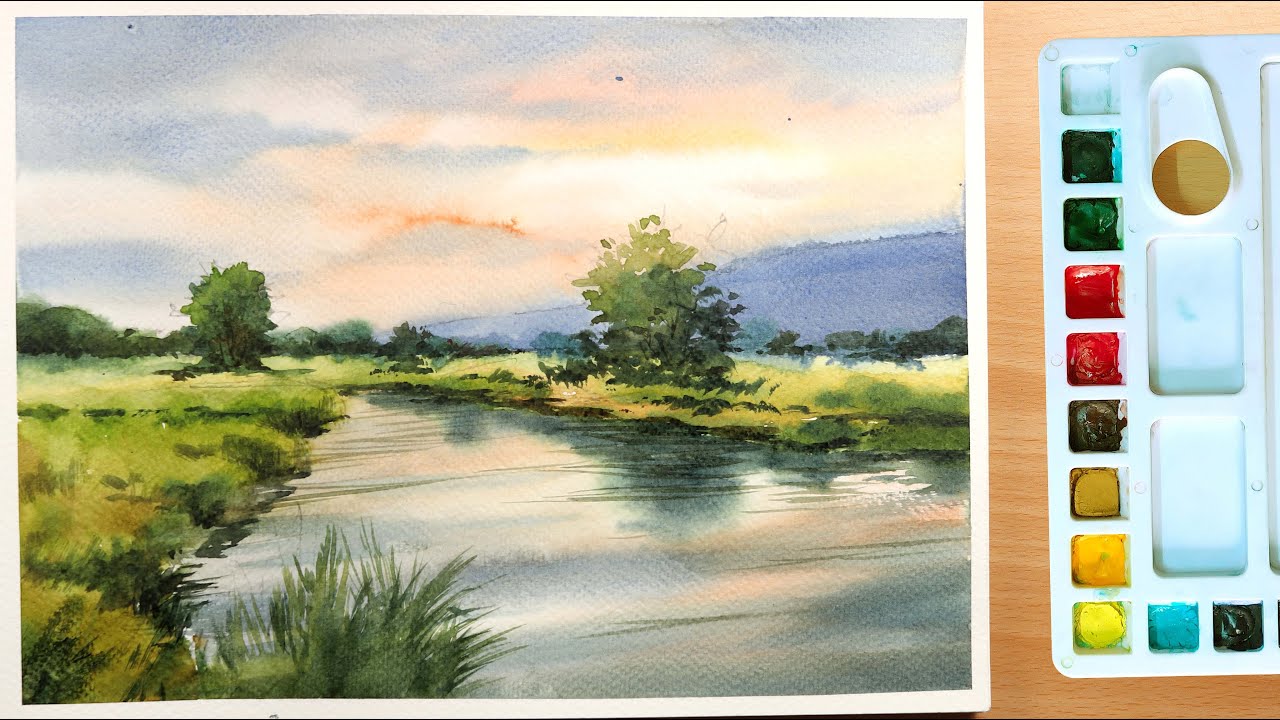 Watercolor Wonders: Painting a Sunset Over Grassfields Landscape