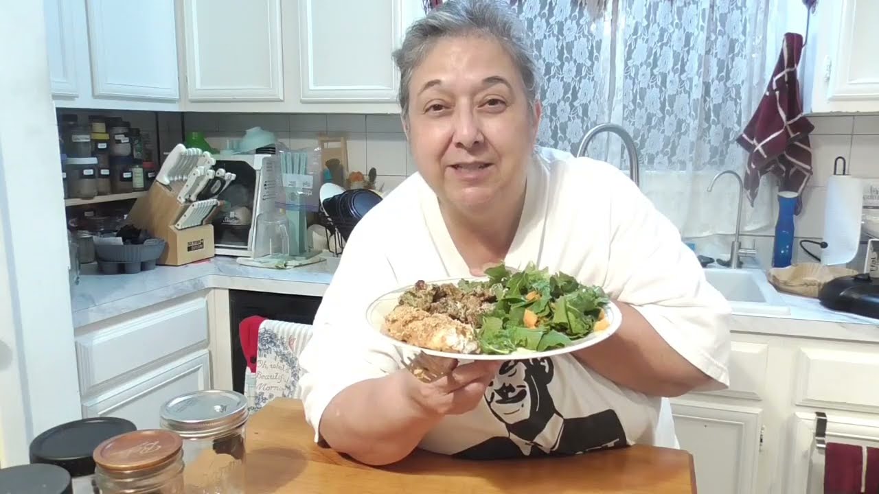Join me in making Coconut Crusted Chicken with Fried Okra & picked today from my garden Salad
