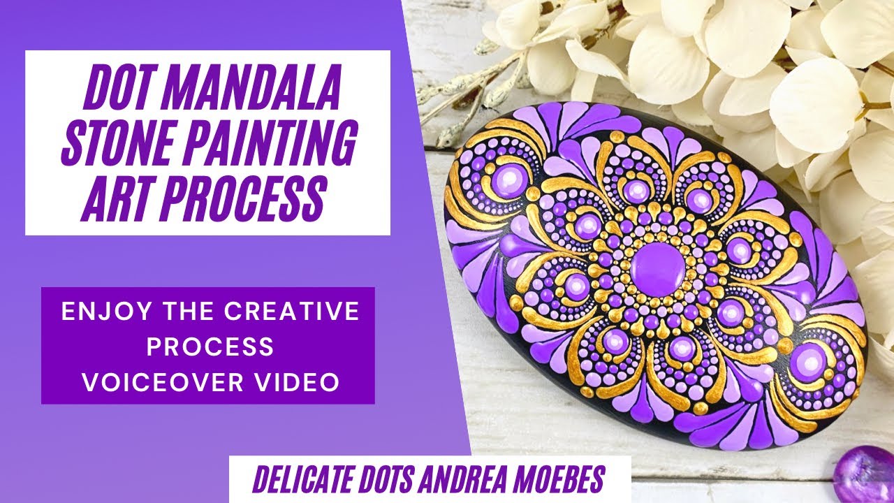 Purple and Gold Dot Mandala Oval Stone Painting. Rock painting step by step art process voice over