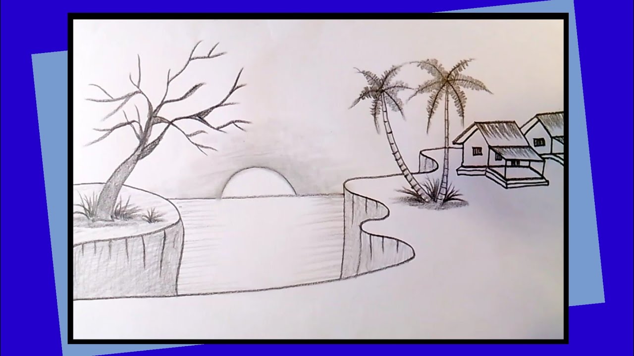 Village scenery drawing easy | Easy scenery drawing for competition | How to make a beautiful scene