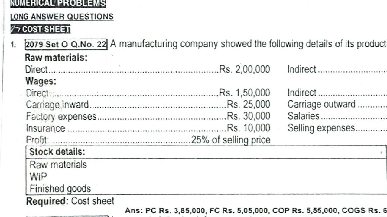 Cost Sheet || Class 12 account || NEB 2082 old is gold management  final  exam 8 marks  1/2079