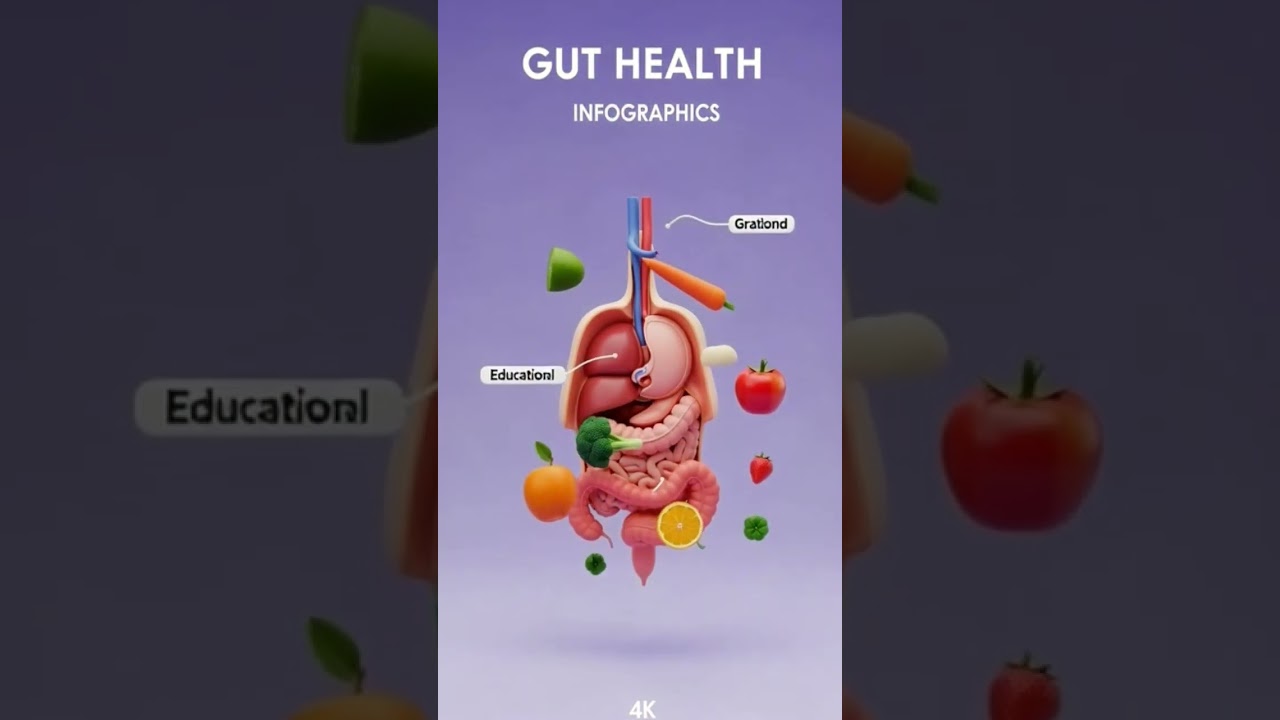 Gut Health Infographic with Fiber-Rich Fruits & Vegetables | Clean 3D Medical Render