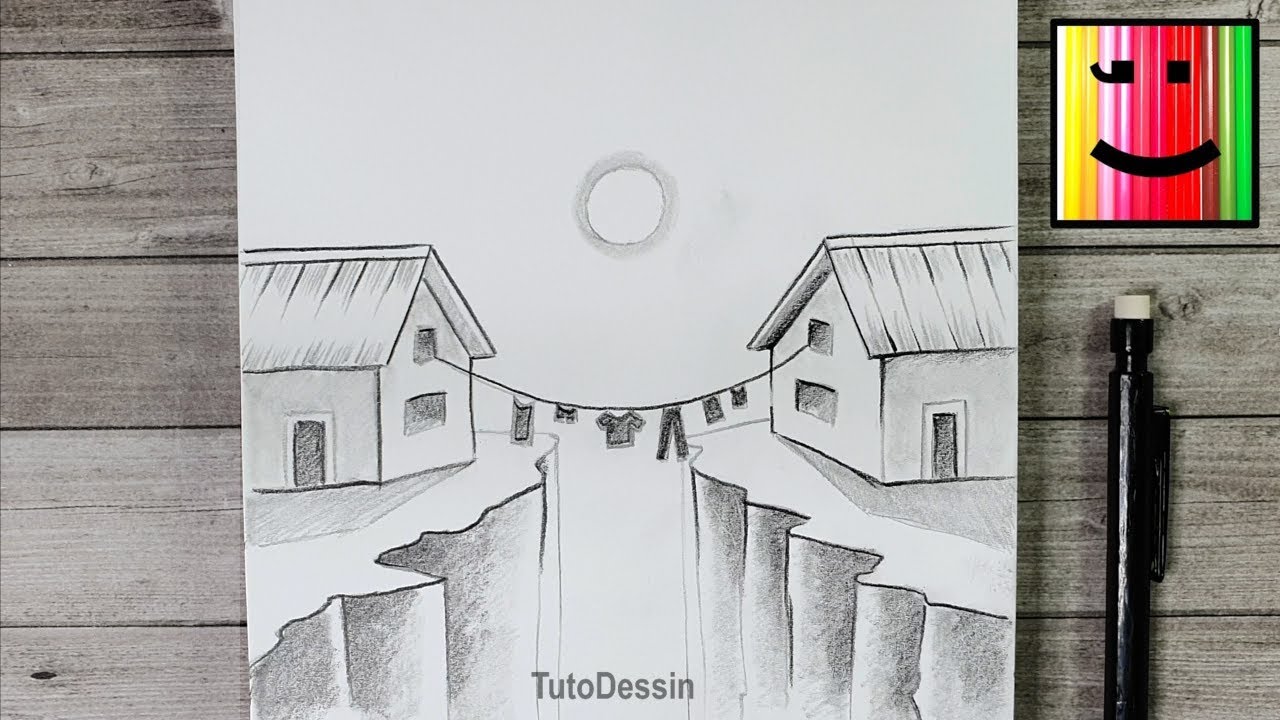 Comment dessiner deux maisons sur deux falaises diff&eacute;rentes | Tutoriel de dessin au crayon de papie