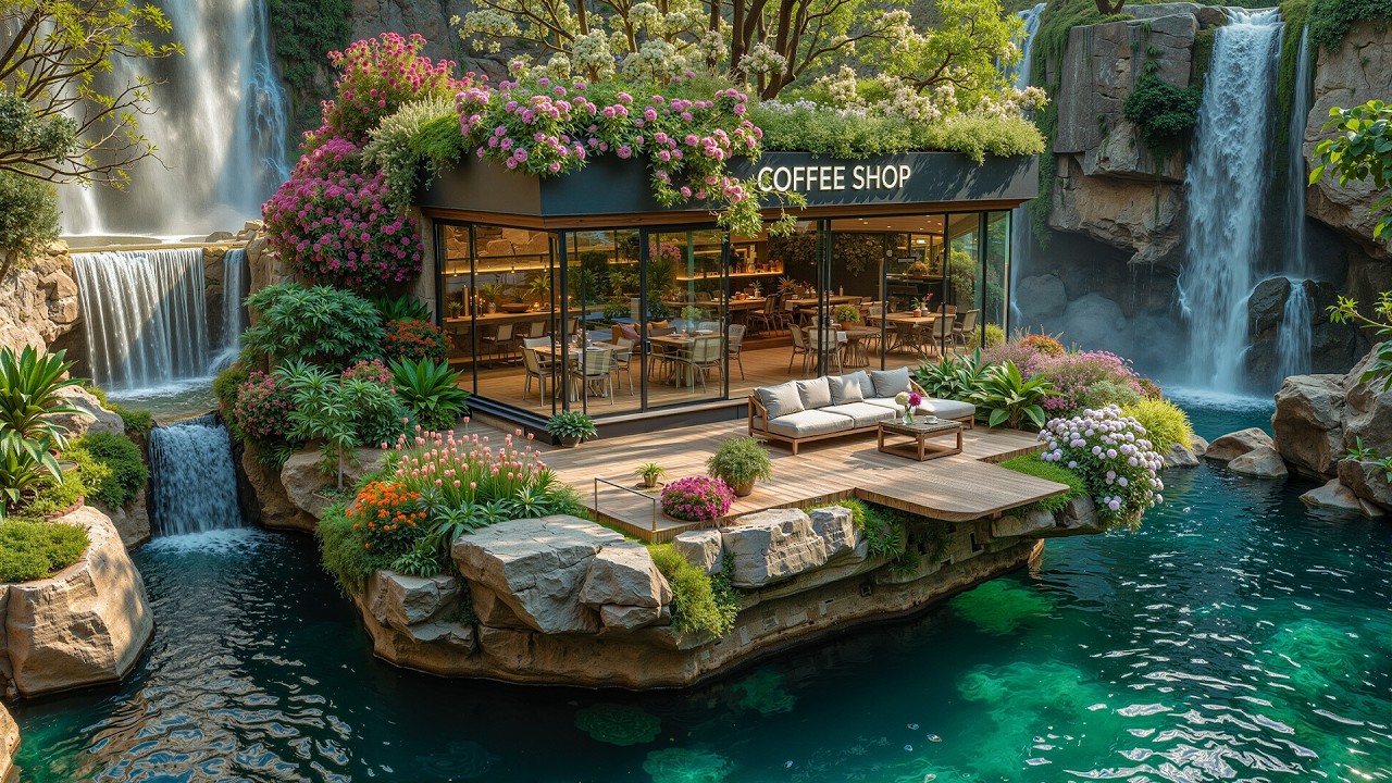 Fresh Spring Forest Outdoor Coffee Shop Jazz 🌿 Waterfall Nature Sounds for Relaxing, Work & Study