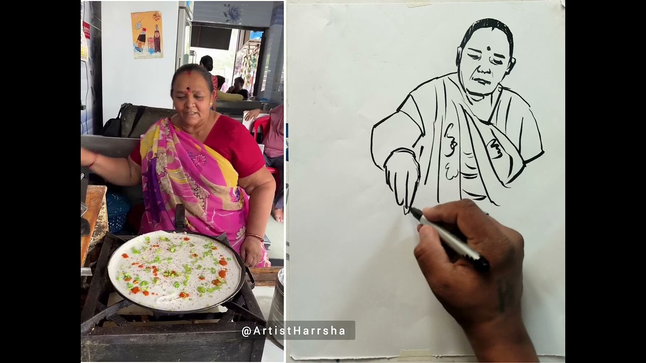 Sketch of a Hardworking Woman Making Dosa | Realistic Street Food Art | Tribute to Women’s Strength