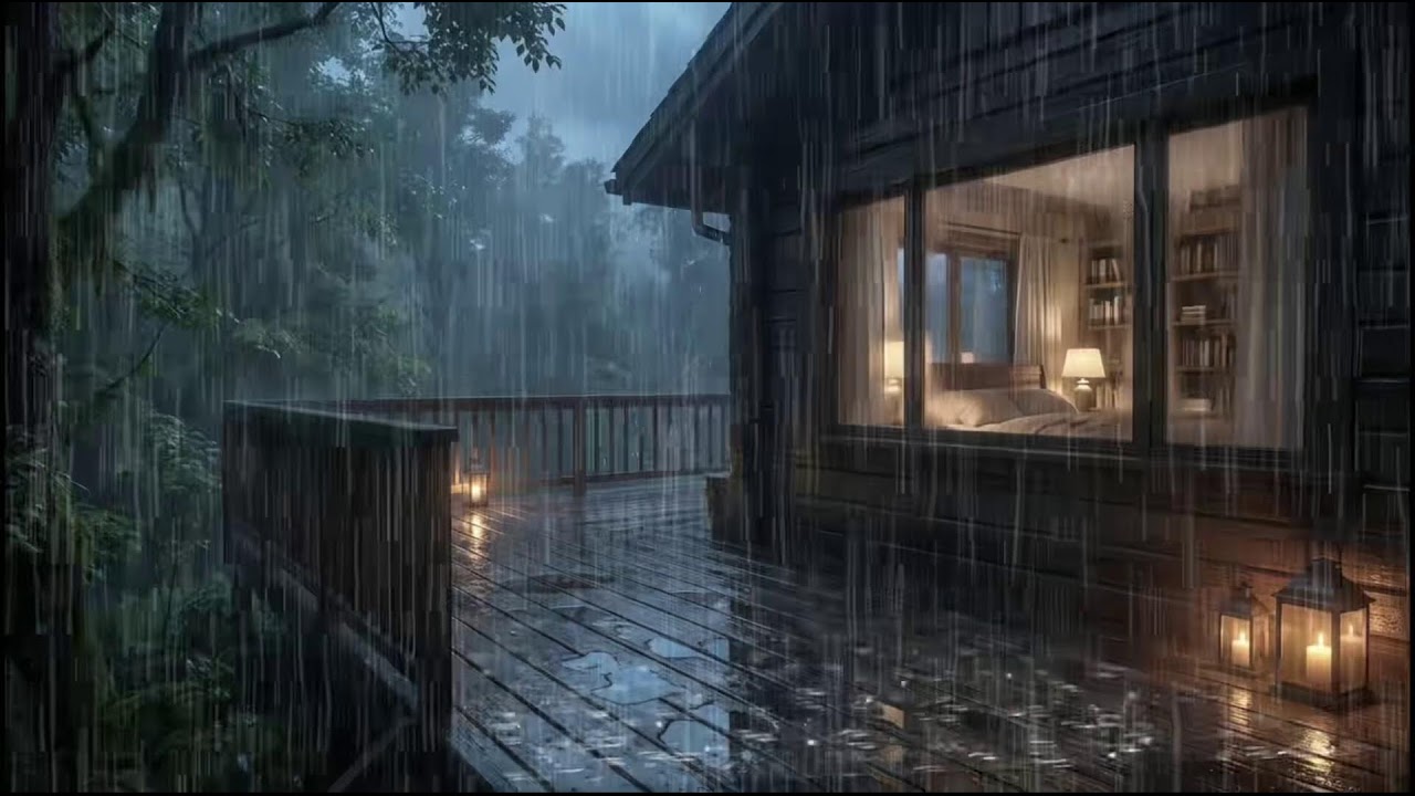 Soft rain by a cozy forest cabin, midnight rain soundscape guiding sleep ease and insomnia comfort