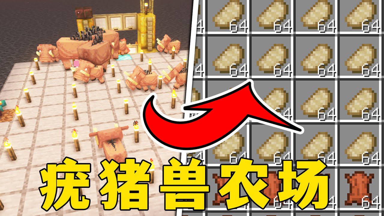 我的世界：疣豬獸農場，十分鐘320個熟豬肉，吃到撐