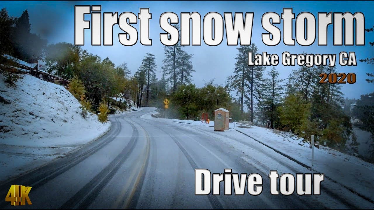 First snow storm 2020 around Lake Gregory CA drive tour in 4k