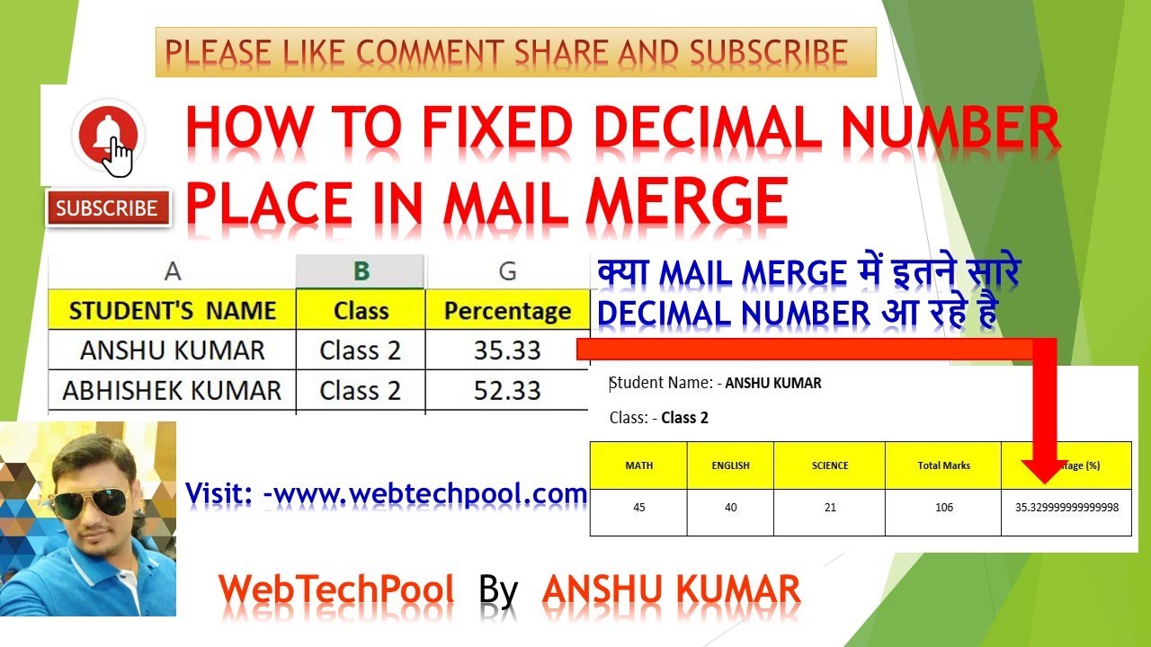 DEFINE PLACE OF DECIMAL NUMBER IN MAIL MERGE IN WORD DOCUMENT. MAIL MERGE DECIMAL PROBLEM
