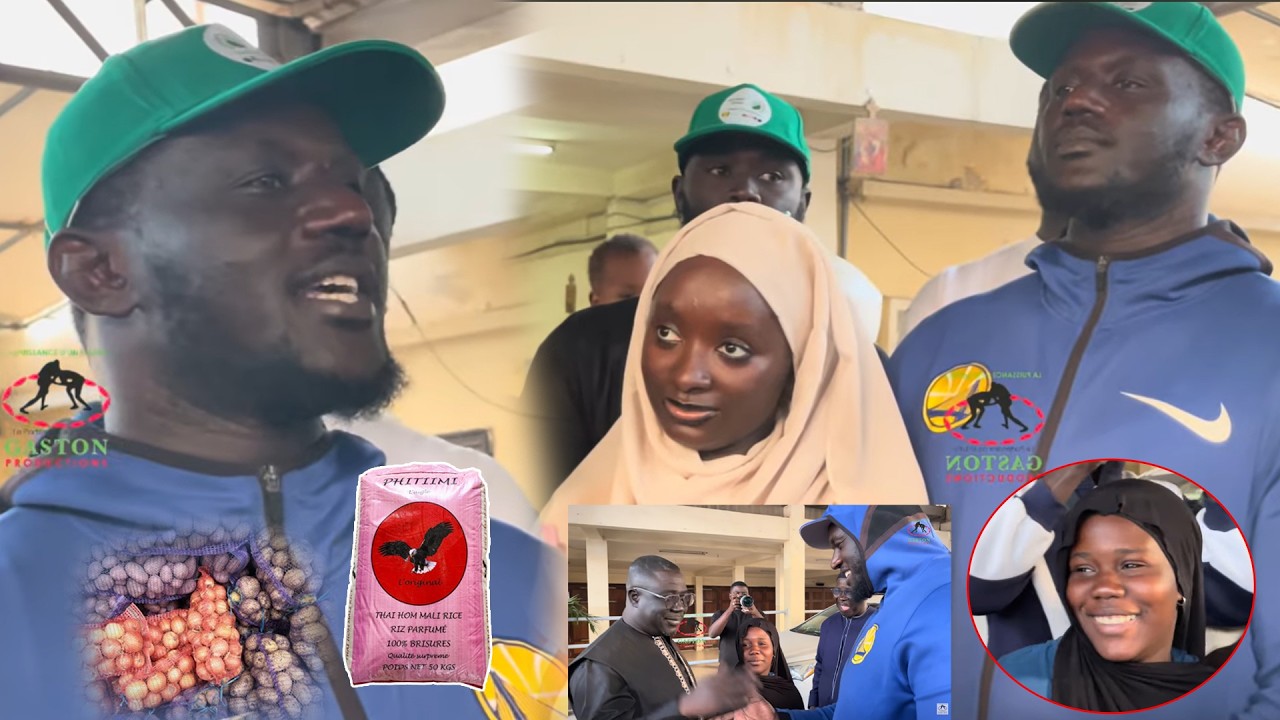 Balla Gaye offre des denrées alimentaires à l'église devant les filles de Bour Gueweul