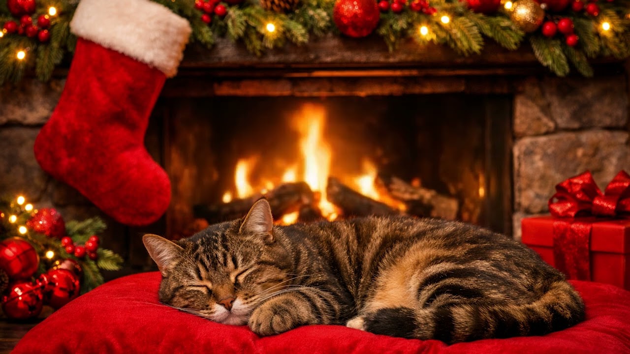 5 Hours Cozy Fireplace 🔥 Sleeping Cat on Red Cushion | Christmas Ambience, Relaxing Fire Sounds
