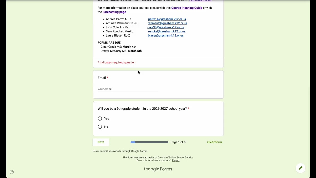 2026 9th Grade Forecasting Form