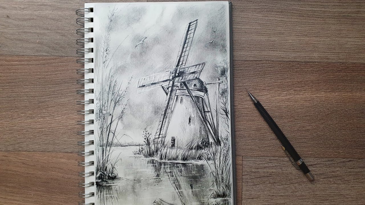 How Realistic Can You Draw With a Pencil? | Windmill Scenery Drawing