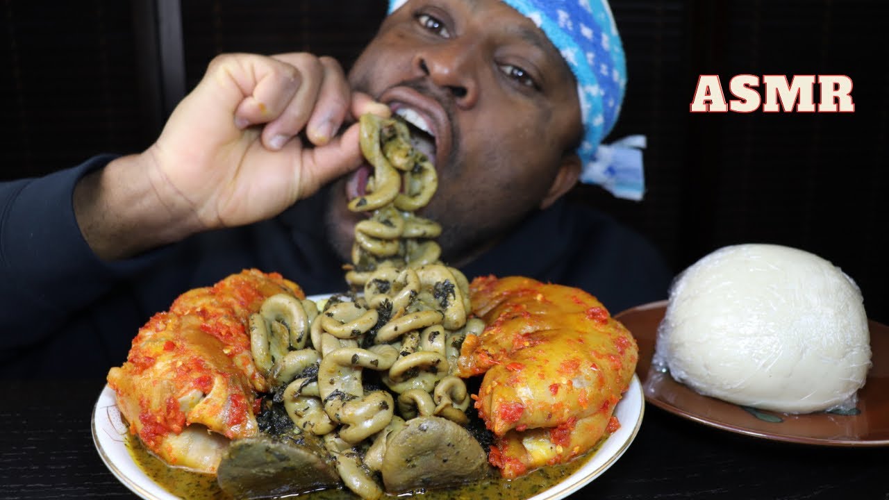 Mukbang Asmr Pork Belly,Pork Feet,Pork Tongue,Pork intestines Nigeria Black Soup & Yam Fufu.Oshioo!