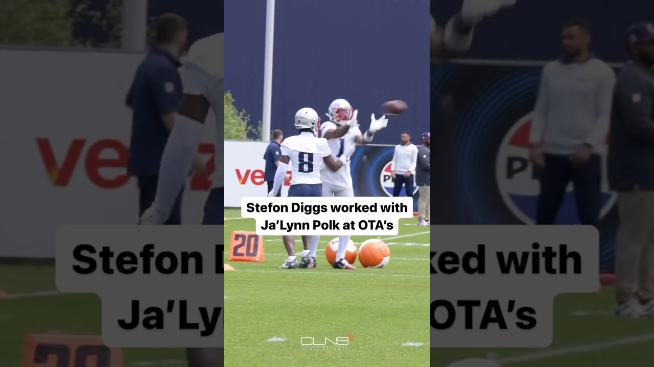 Stefon Diggs working with Ja’Lynn Polk at Patriots OTA’s