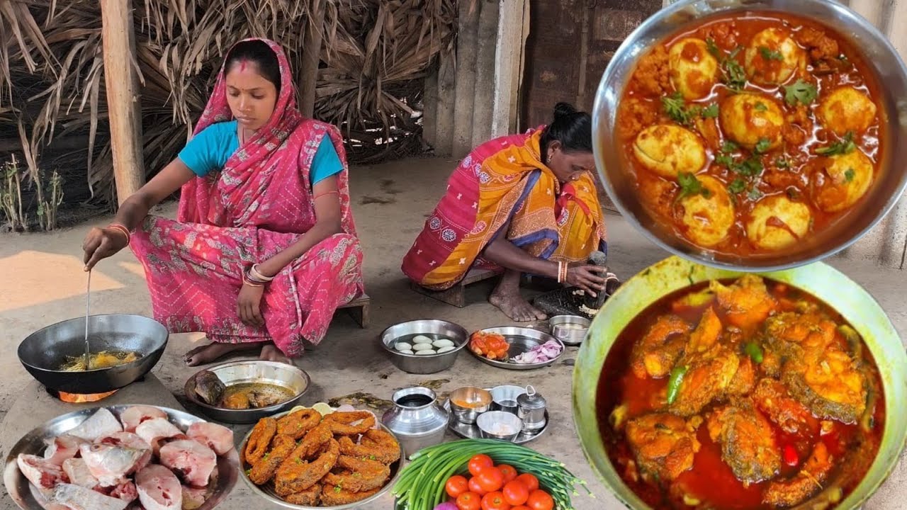 how tribe couple village cooking FISH CURRY And EGG CURRY Recipe for their lunch.