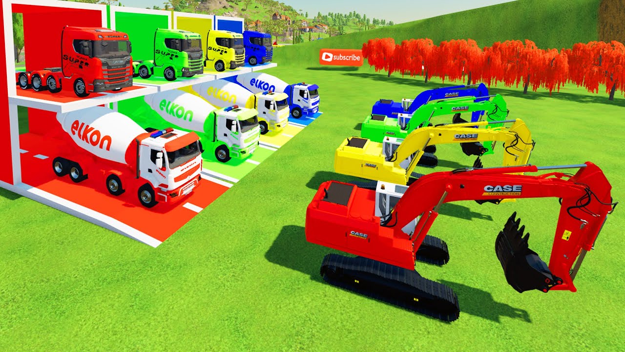 TRANSPORTING COLORFUL CASE EXCAVATOR, ELKON MIXER TRUCK TO GARAGE WITH FLATBED TRAILER TRUCK-FS22