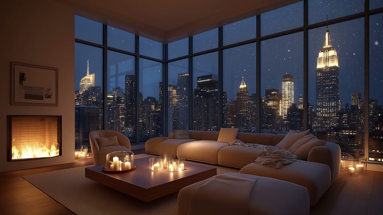 ❄️ Snowy Night Apartment Ambience | Piano Jazz & Cozy Fireplace Sounds