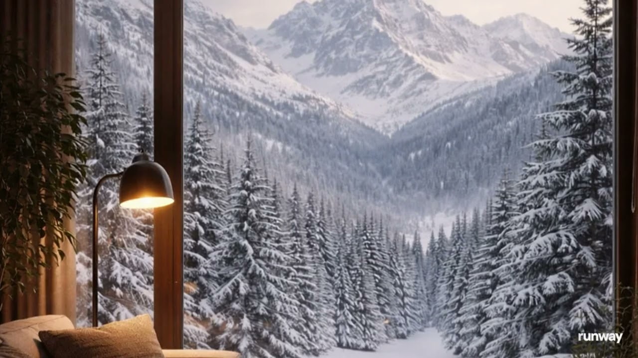 Chill Lounge Music Snowy Mountain Window | Focus, Work, Relax