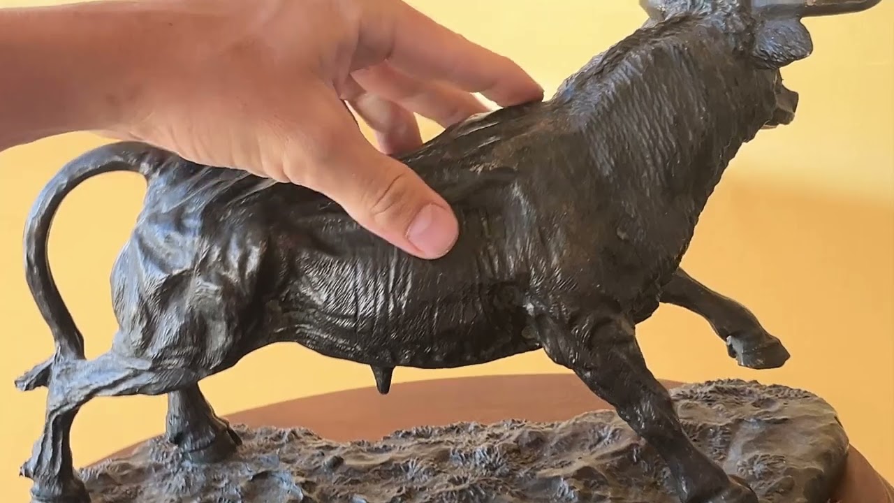 Vintage Resin Bull Sculpture on Wooden Base - Great Gift for Trader - El Rastro Antiques