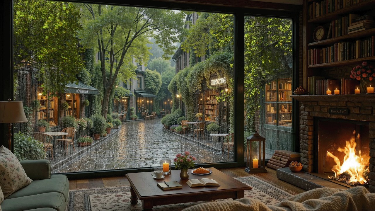 Rainy Street Spring Café ☕ Gentle Jazz & Fireplace Sounds for Deep Focus & Quiet Moments