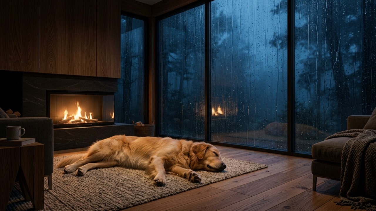 Deep Blue Night Rain on Glass (3 Hours) | Cozy Fireplace & Sleeping Golden Retriever