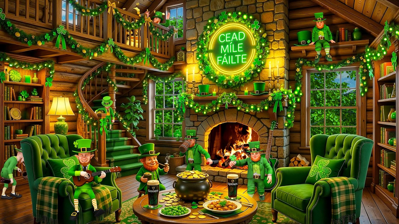 St. Patrick’s Day Fireplace Ambience ☘️ Relaxing Jazz Music & Crackling Fireplace Sounds