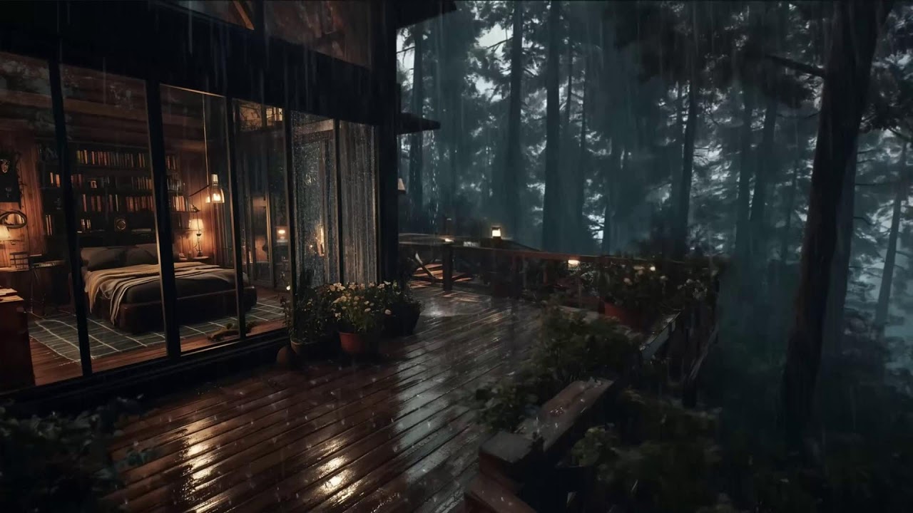 Cozy Cabin Nights 🌃 Rainy Window Sounds, Soft Jazz Piano & Fireplace for Focus & Calm
